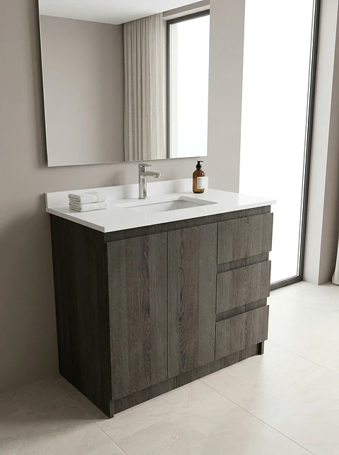 Mueble vanitorio al piso de 90 cm con cubierta de cuarzo M2-938 / Espresso
