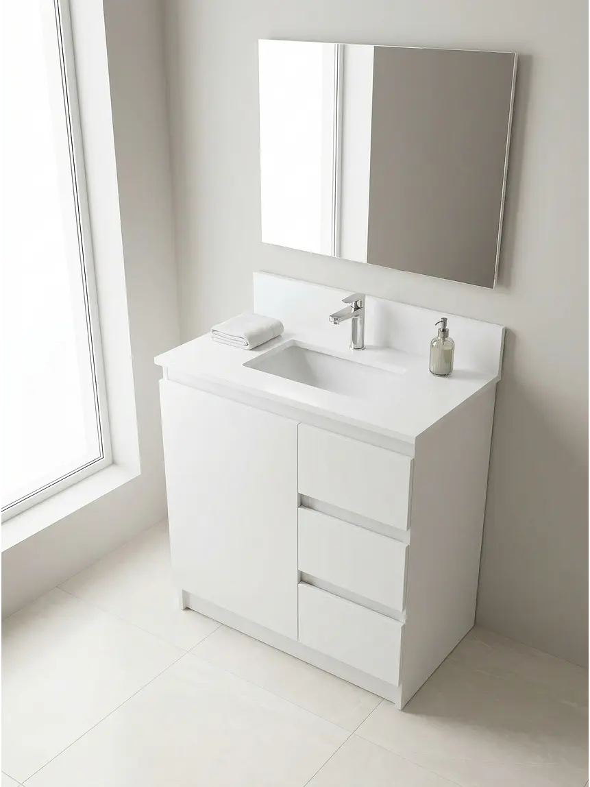 Mueble vanitorio al piso de 80 cm con cubierta de cuarzo M2-838 / Blanco 1