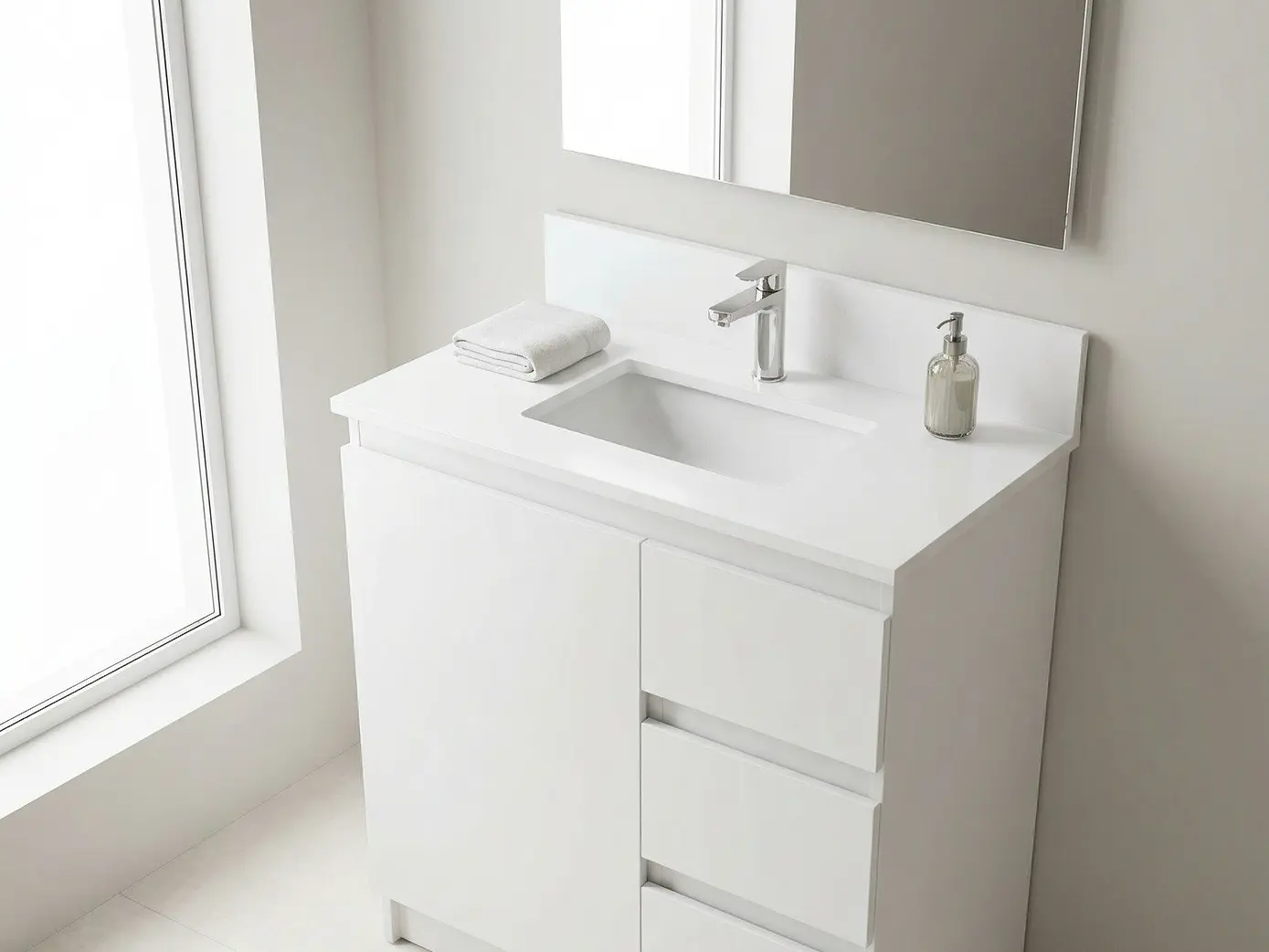 Mueble vanitorio al piso de 80 cm con cubierta de cuarzo M2-838 / Blanco 1