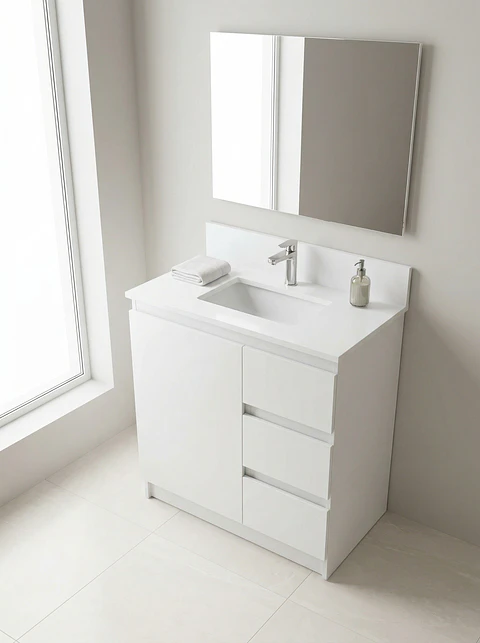Mueble vanitorio al piso de 80 cm con cubierta de cuarzo M2-838 / Blanco