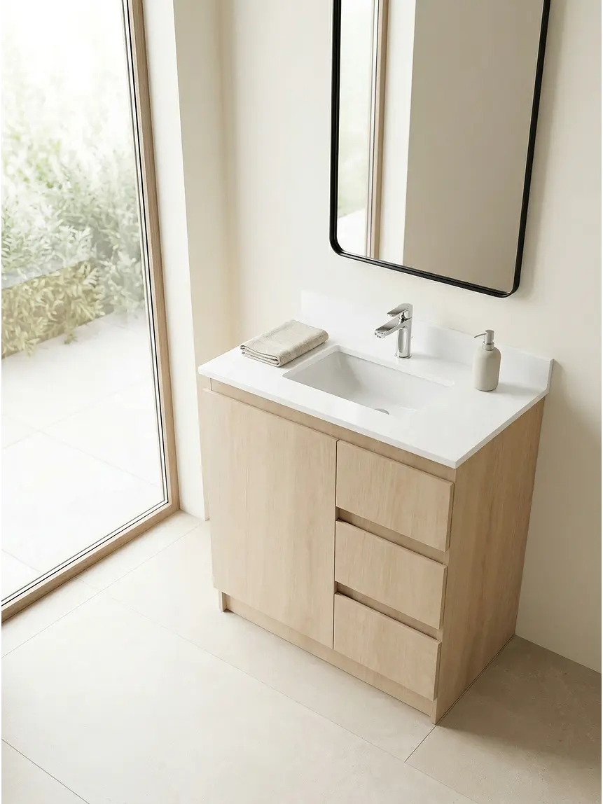 Mueble vanitorio al piso de 80 cm con cubierta de cuarzo M2-838 / Blanco 1
