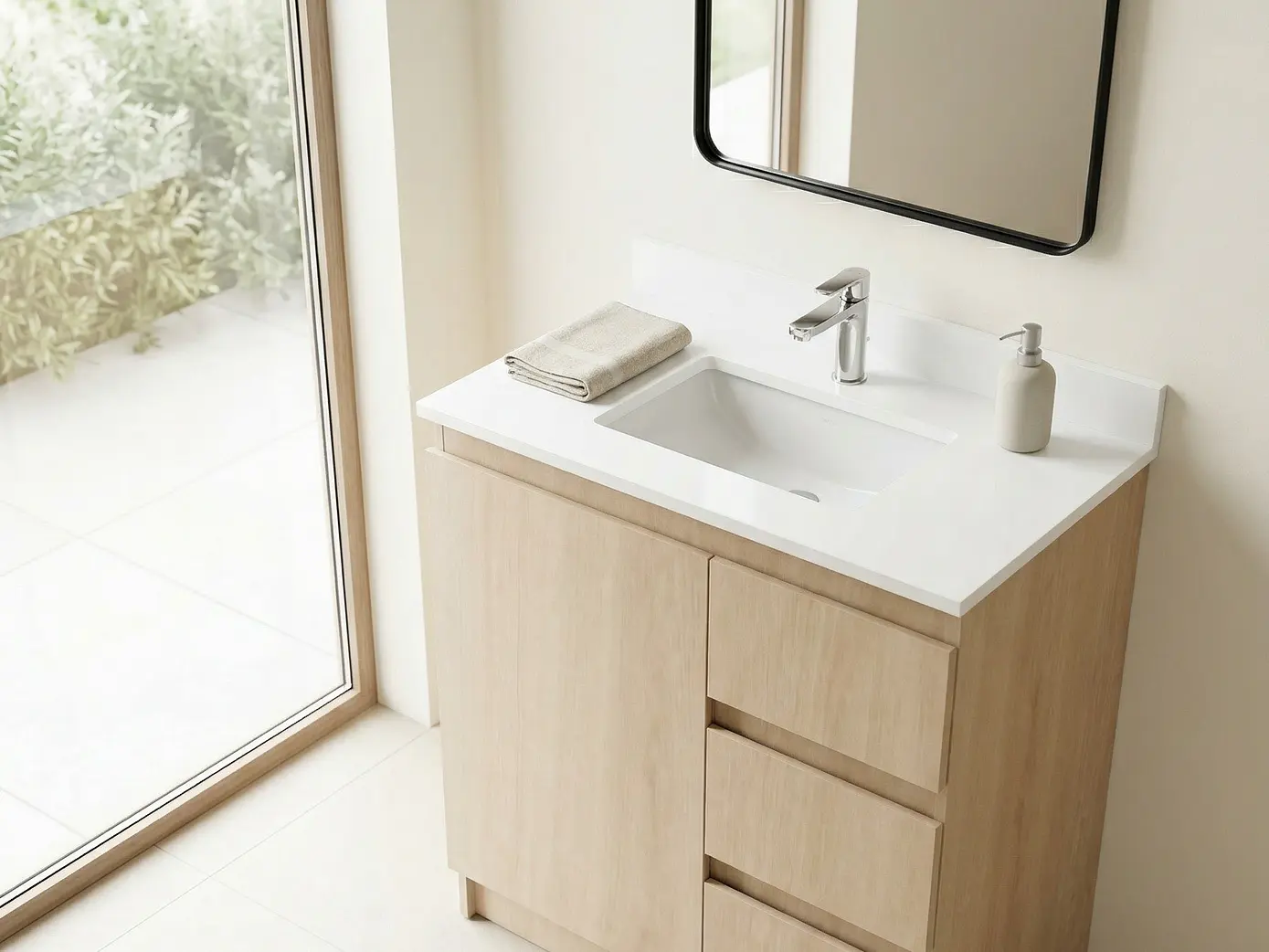 Mueble vanitorio al piso de 80 cm con cubierta de cuarzo M2-838 / Blanco 1