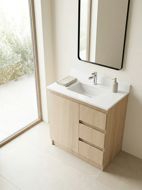 Mueble vanitorio al piso de 80 cm con cubierta de cuarzo M2-838 / Blanco