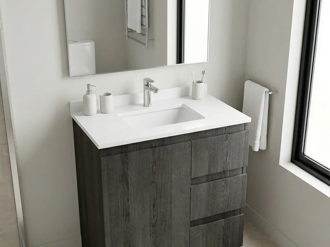 Mueble vanitorio al piso de 80 cm con cubierta de cuarzo M2-838 / Espresso 1