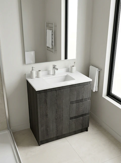 Mueble vanitorio al piso de 80 cm con cubierta de cuarzo M2-838 / Espresso