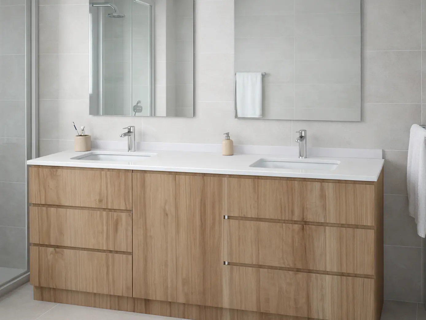 Mueble vanitorio Doble al piso con cubierta de cuarzo  de 200 cm /  M6-2034 -D / Caramell 1