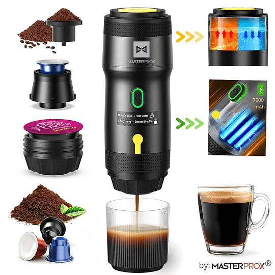Cafetera Portátil Espresso Premium 7500mah Recargable Compatible Cápsulas Y Café Molido 3 En 1 Original 2.0 By Master Prox®