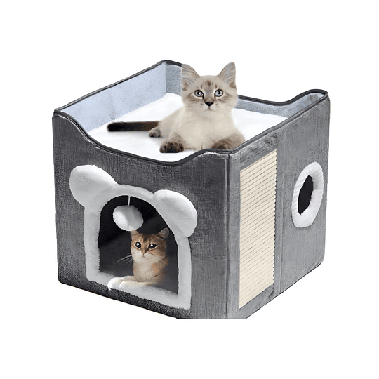 Cama Casa Para Gato Mascota Plegable Con Rascador Juguete Color Gris