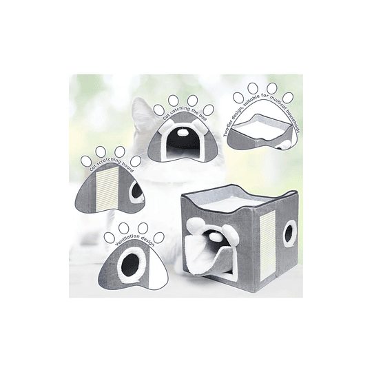 Cama Casa Para Gato Mascota Plegable Con Rascador Juguete Color Gris
