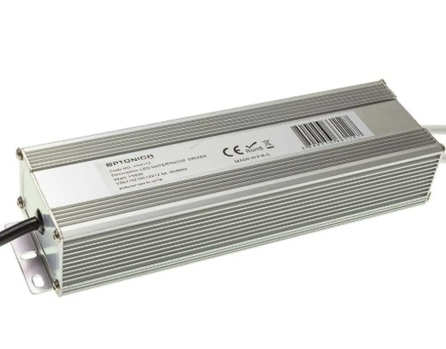Fonte de alimentação metálica estanque (transformador) para fitas LED da Optonica (SKU 6112 / Modelo AC150-A7). Graças ao corpo em alumínio extrudido e ao nível de proteção IP67, é perfeita para insta 1