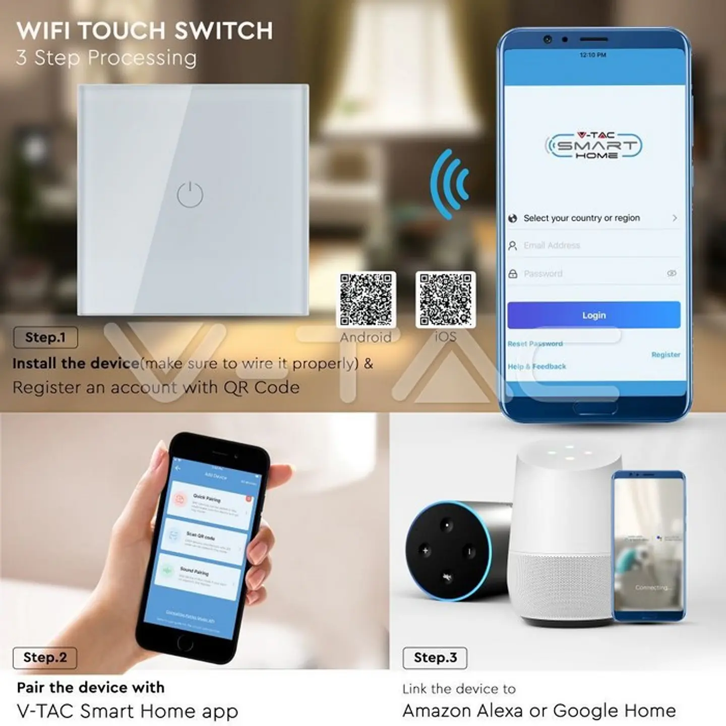 Interruptor de Parede Tátil Wi-Fi (3 Botões / Padrão UK) - V-TAC Branco 3