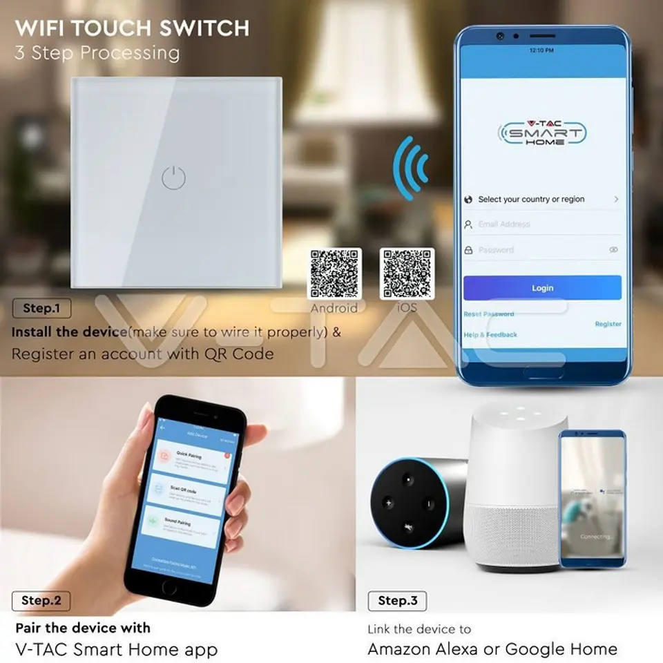 Interruptor de Parede Tátil Wi-Fi (3 Botões / Padrão UK) - V-TAC Branco 3