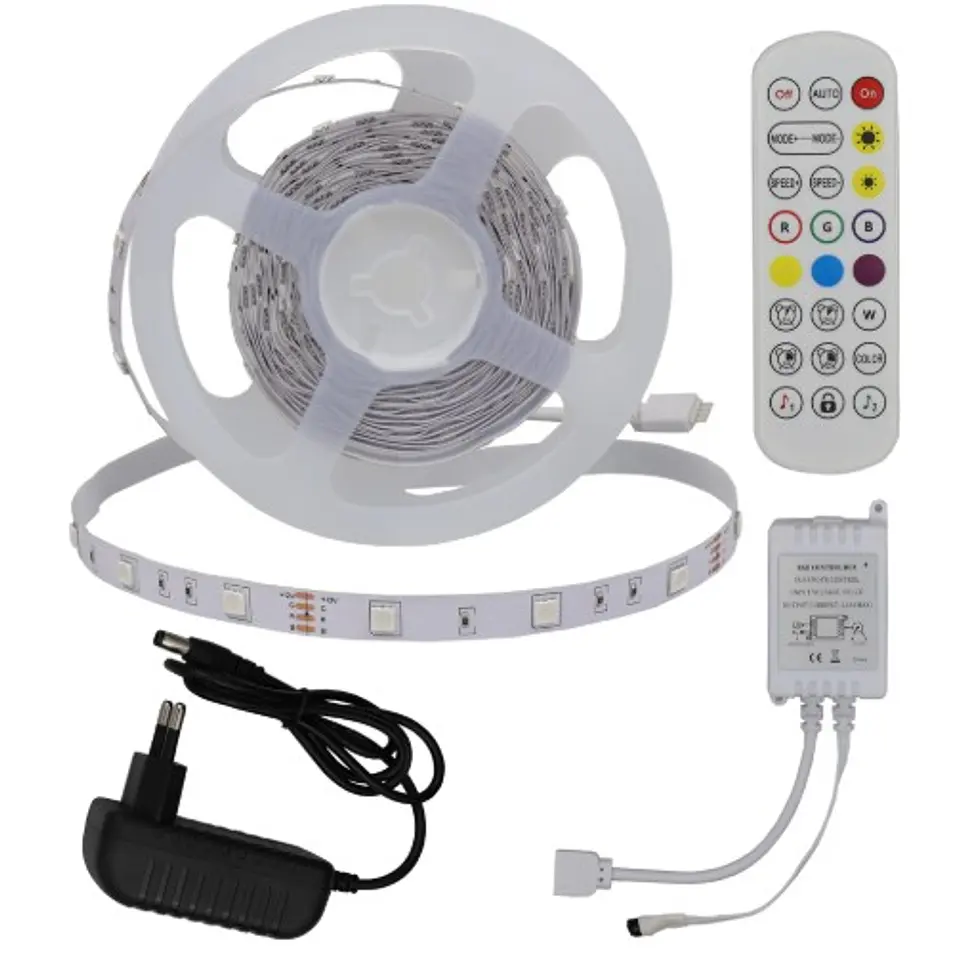 Kit Fita LED RGB 5m + Adaptador + Controlador IR + Comando (30 LEDs/m) - Optonica 1