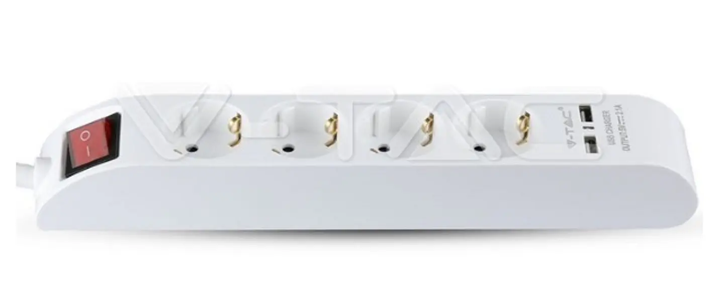 Extensão Elétrica de 4 Tomadas com Interruptor e 2 Portas USB (1.4m / 3680W) - V-TAC Branco 1