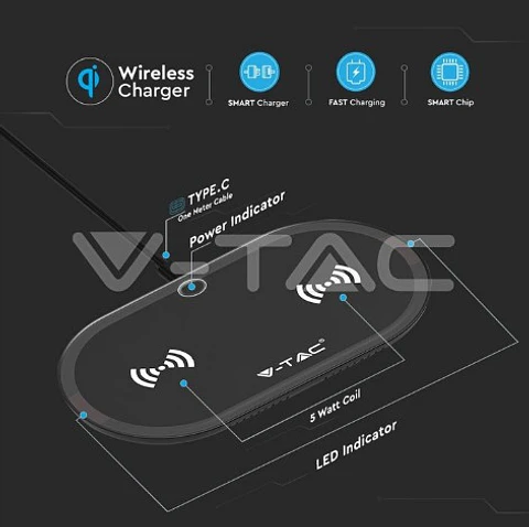Base de Carregamento Sem Fios Dupla (Dual Pad) 10W - V-TAC Preto
