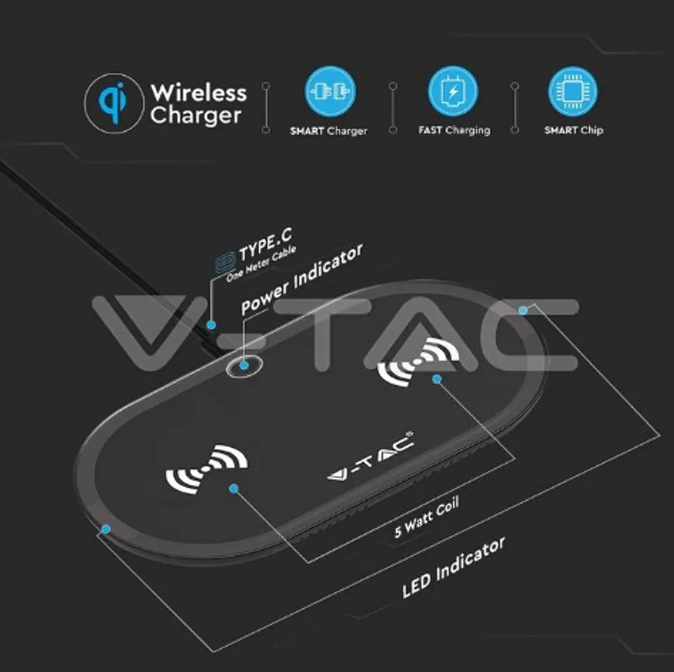 Двойное беспроводное зарядное устройство 10W - V-TAC Черное 1