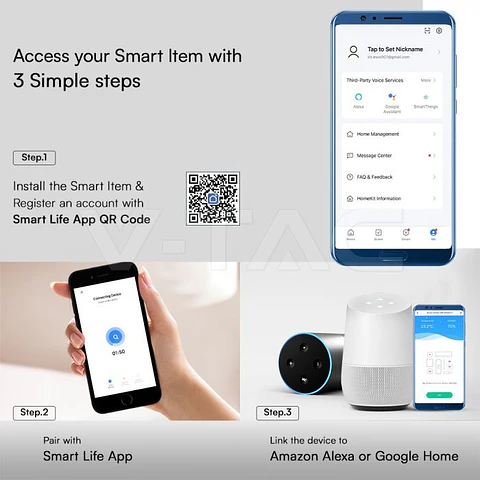 Recetor Inteligente Wi-Fi e RF 433MHz 1000W (Smart Life / Alexa / Google) - V-TAC