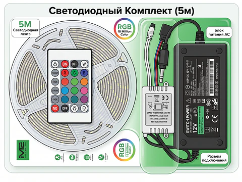 Kit Fita LED RGB 5 Metros 5050 (IP65) 12V com Comando e Fonte - M2 TEC