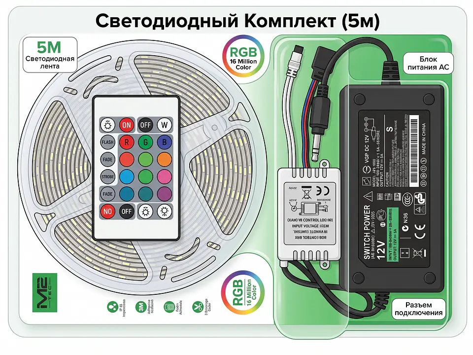 Kit Fita LED RGB 5 Metros 5050 (IP65) 12V com Comando e Fonte - M2 TEC 1
