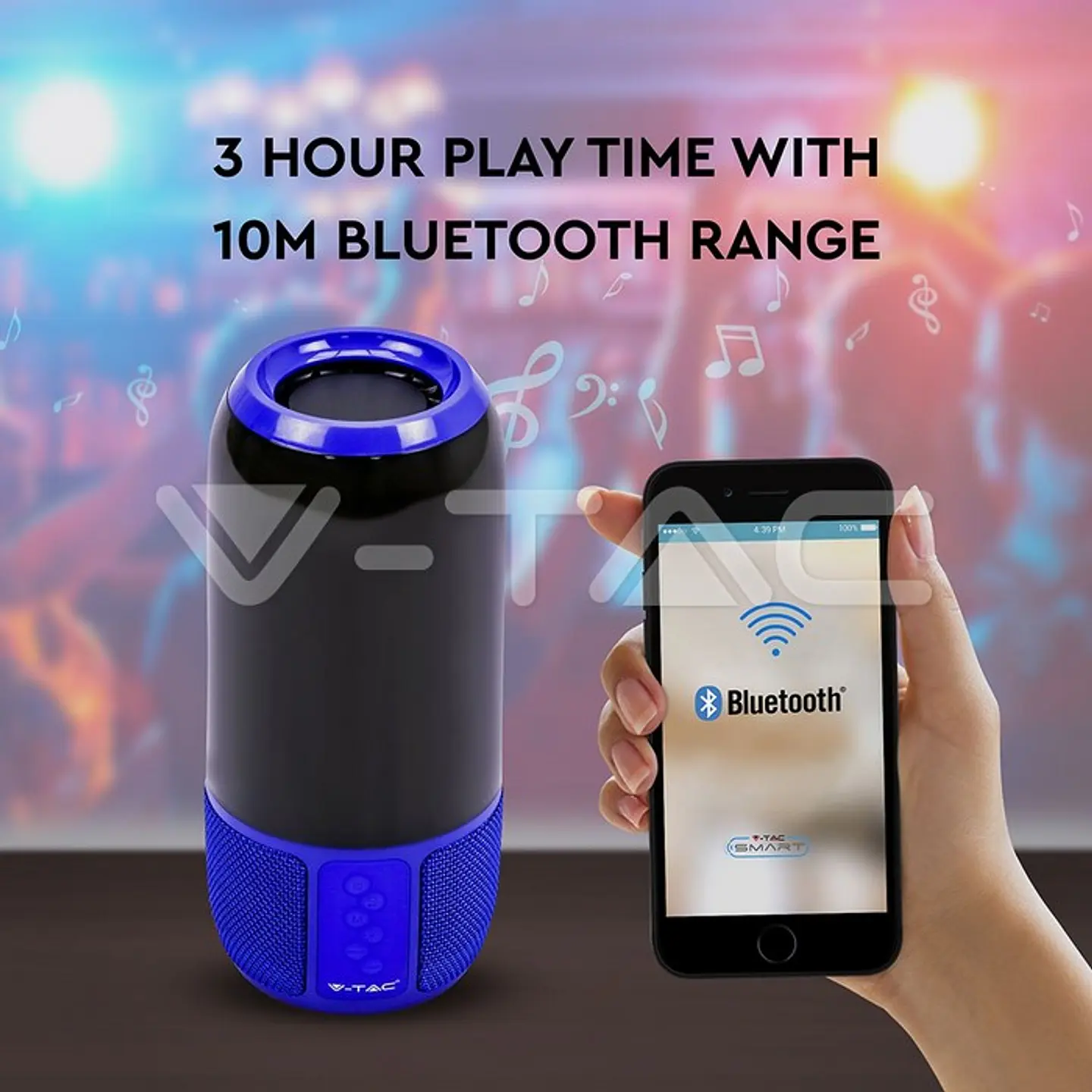 Candeeiro de Mesa LED RGB 2x3W com Altifalante Bluetooth e Bateria (Azul) - V-TAC 2