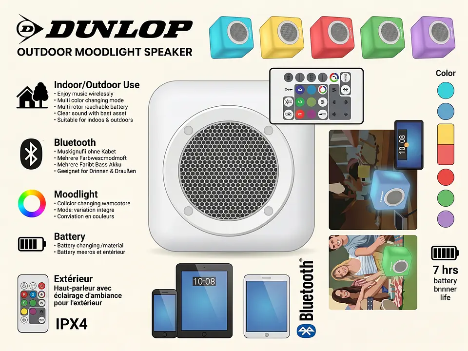 Портативная Bluetooth колонка DUNLOP для улицы с LED-подсветкой (IPX4, 20x20 см) 2