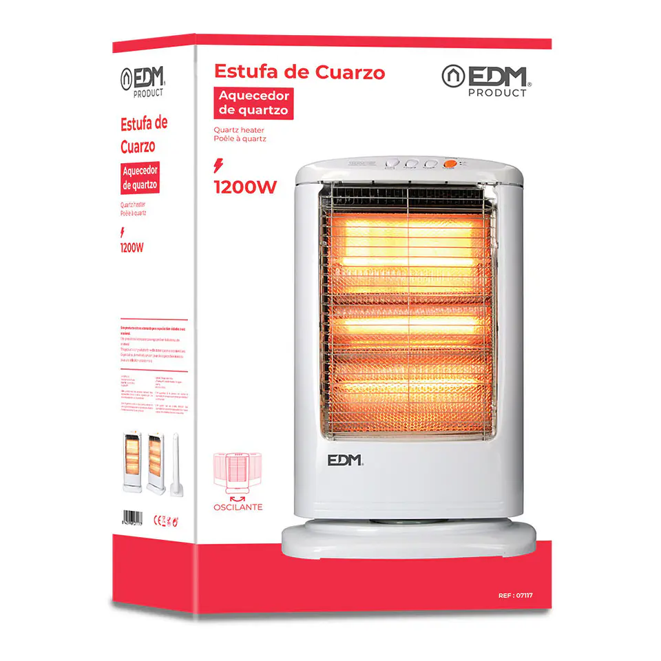 Aquecedor de Quartzo Oscilante EDM 1200W (Branco) - Modelo 3 Barras c/ Antitombo 3