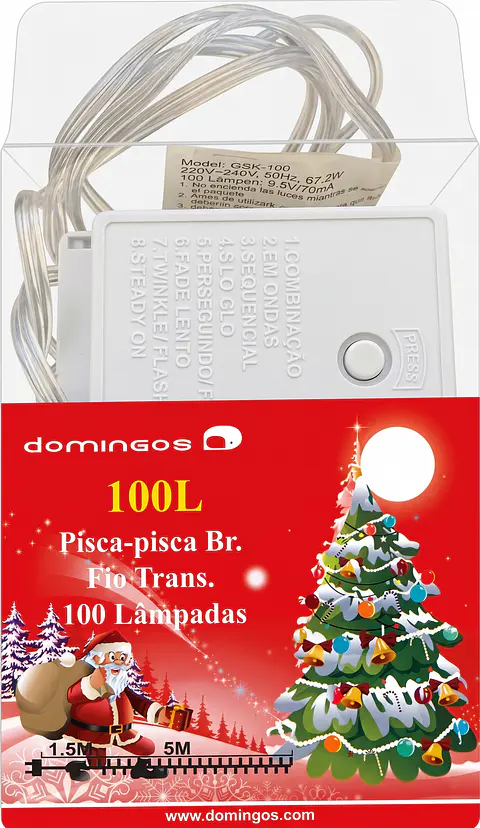 Grinalda Pisca-Pisca domingos 100 Lâmpadas (Amarelo) Fio Transparente - 8 Modos