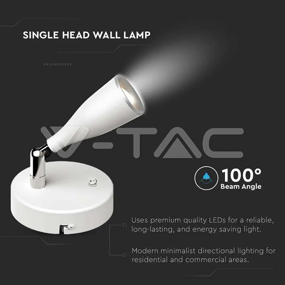Aplica LED 4.5W V-TAC Branco 3000K com Interruptor - VT-805 2