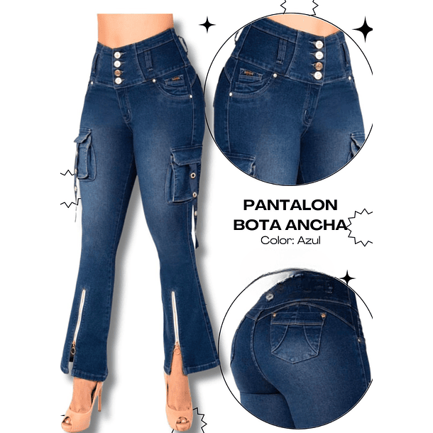 JEANS MUJER MODA COLOMBIANA PANTALON 4 BOTONES BOTA ANCHA COLOR AZUL DENIM STRECH