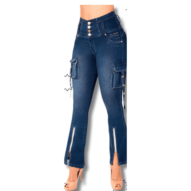 JEANS MUJER MODA COLOMBIANA PANTALON 4 BOTONES BOTA ANCHA COLOR AZUL DENIM STRECH 3