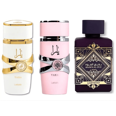 Combo Trío Oriental Lattafa (Yara Moi, Yara, Badee Al Oud Amethyst) – 1.1 Premium