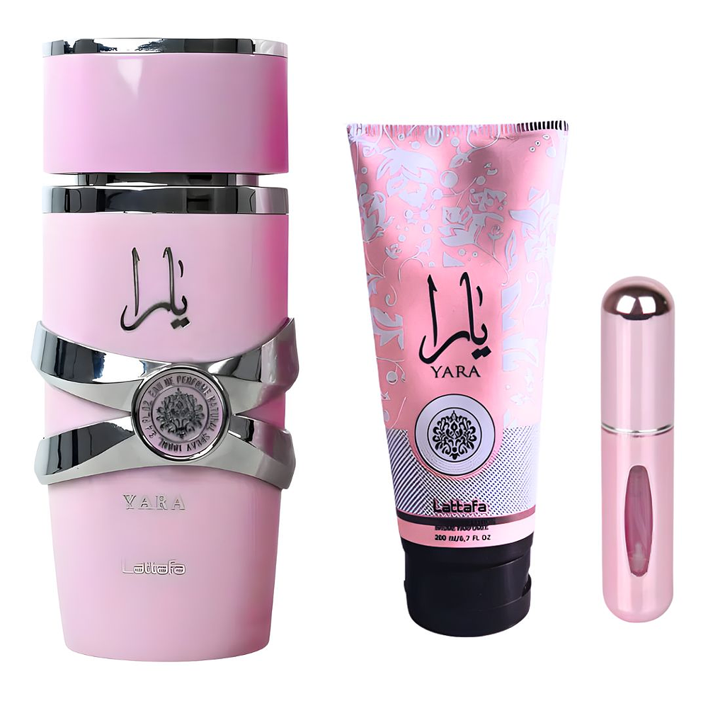 Combo Yara de Lattafa (Perfume 100ml, Crema Corporal, Perfumero) – 1.1 Premium