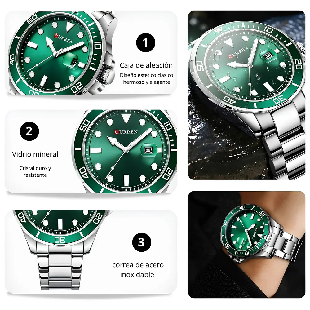 Reloj Curren 8388 Hombre Acero - Plata Dorado Verde