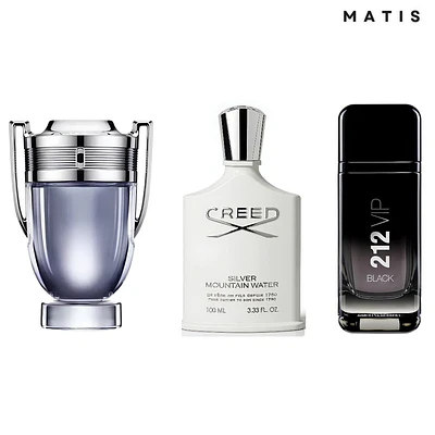 Combo Trío Elite: Invictus + Creed Silver + 212 Vip Black (100ml c/u)