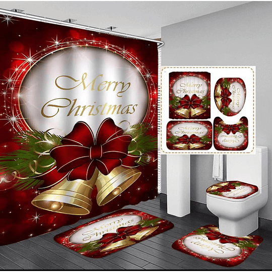 Set de Baño Navideño de 4 piezas /cortina / Alfombra