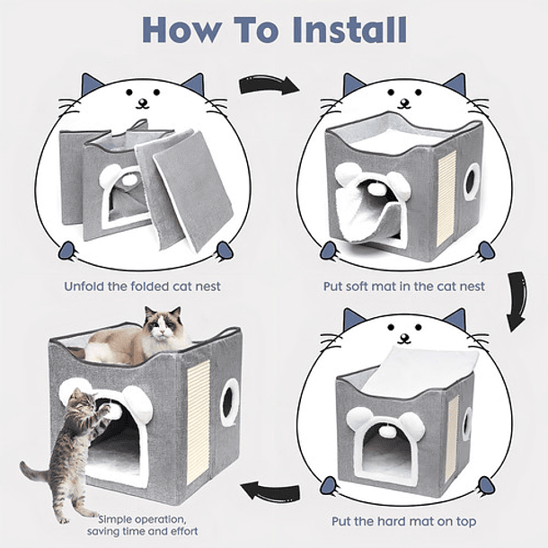 Cama Casa Para Gato Mascota Plegable Con Rascador Juguete Color Gris 4