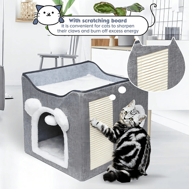 Cama Casa Para Gato Mascota Plegable Con Rascador Juguete Color Gris 5