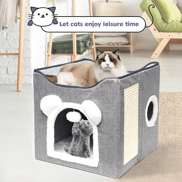 Cama Casa Para Gato Mascota Plegable Con Rascador Juguete Color Gris 6