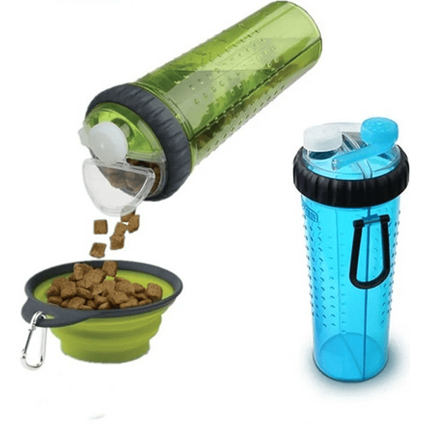 Botella Para Agua Y Alimento + Plato Plegable Paseo Mascotas Color Azul 1