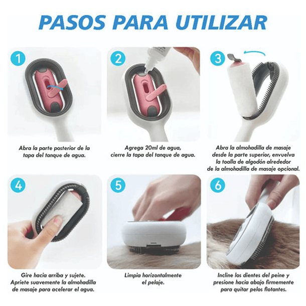 Cepillo Aseo Para Mascotas Con Tanque Agua 3 En 1 Gato Perro Color Rosa 4mm 6