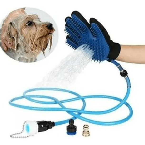 Guante Esponja Con Manguera Masajeador Para Baño De Mascotas Color Azul 2