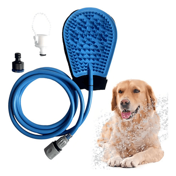 Guante Esponja Con Manguera Masajeador Para Baño De Mascotas Color Azul 4