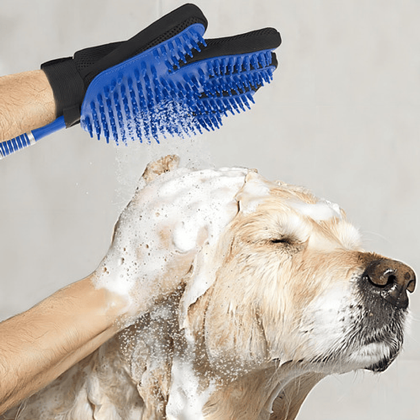 Guante Esponja Con Manguera Masajeador Para Baño De Mascotas Color Azul 5