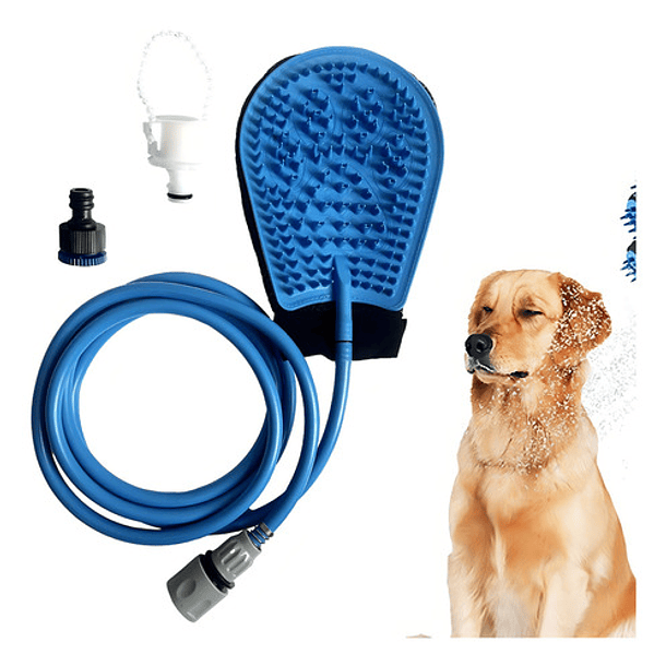Guante Esponja Con Manguera Masajeador Para Baño De Mascotas Color Azul 11