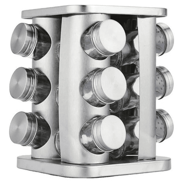 Condimentero Especiero Metalico Rack Giratorio + 12 Frascos Color Plateado 1
