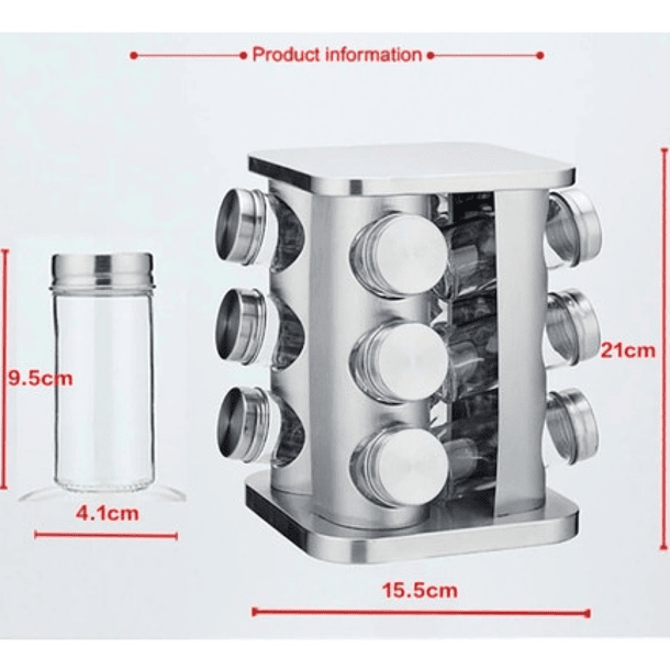 Condimentero Especiero Metalico Rack Giratorio + 12 Frascos Color Plateado 3