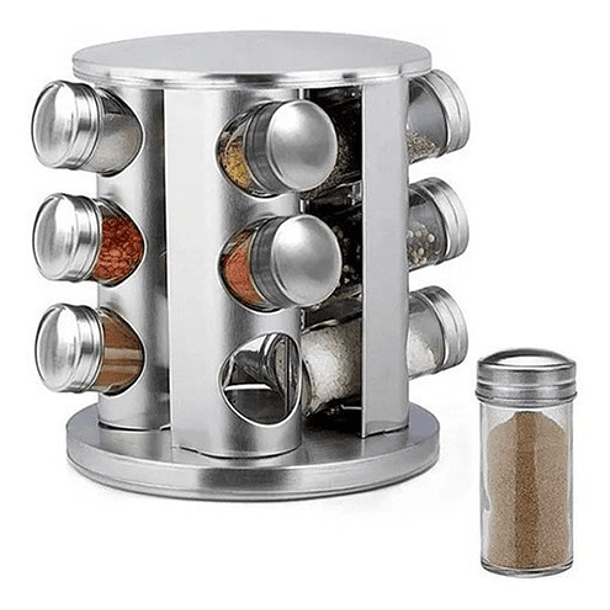 Condimentero Especiero Metalico Rack Giratorio + 12 Frascos Color Plateado 6