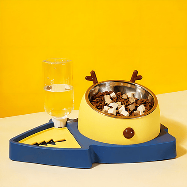 Tazon Plato Comedero Bebedero Doble Agua Mascotas Acero Inox Color Azul / Amarillo 2