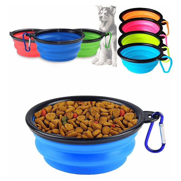 Plato De Goma Plegable Portátil Mascotas Perro Y Gato Silico Color Azul 1