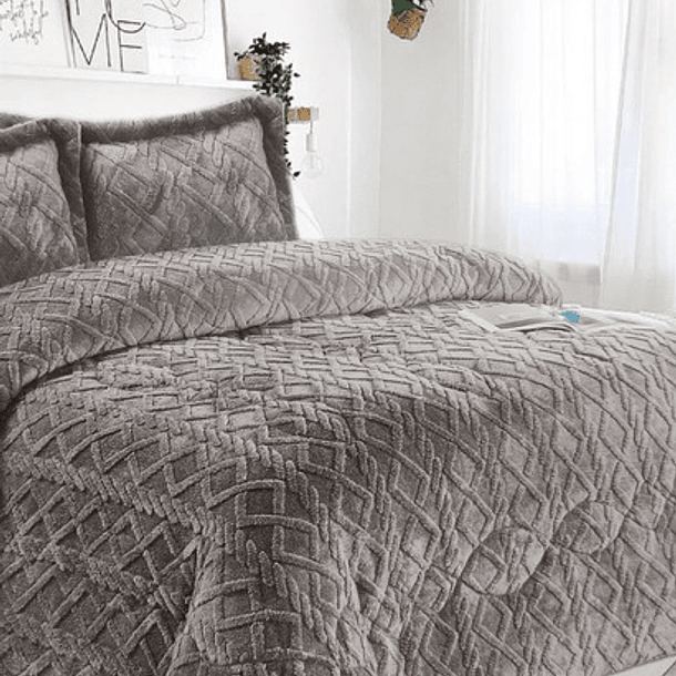 Cobertor Invierno Con Chiporro 2 Plazas Endredon + 2 Funda Color Gris Rayado